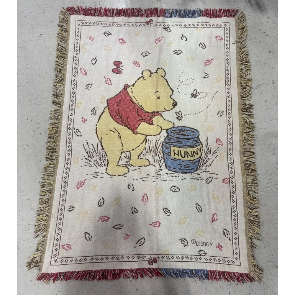Vintage Disney Winnie the Pooh Hunny Pot Woven Tapestry Throw Baby Blanket Cozy